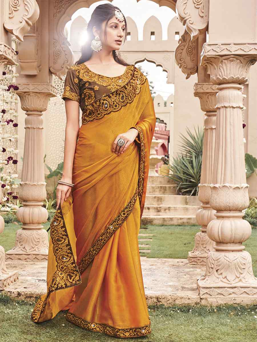 Yellow Shimmer Embroidery Party Reception Classic Style Saree