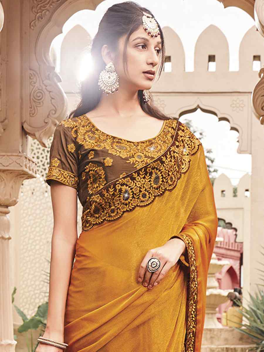 Yellow Shimmer Embroidery Party Reception Classic Style Saree