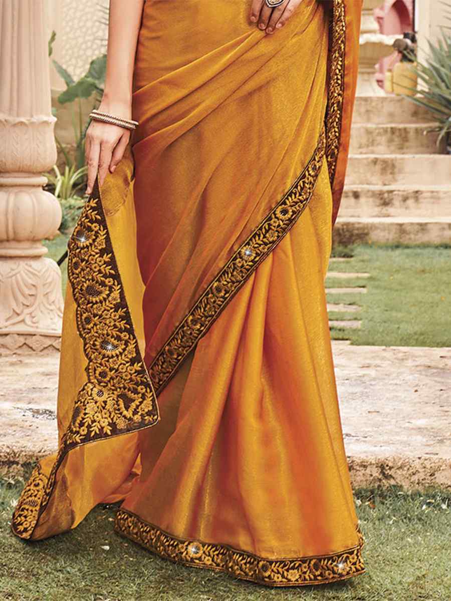 Yellow Shimmer Embroidery Party Reception Classic Style Saree