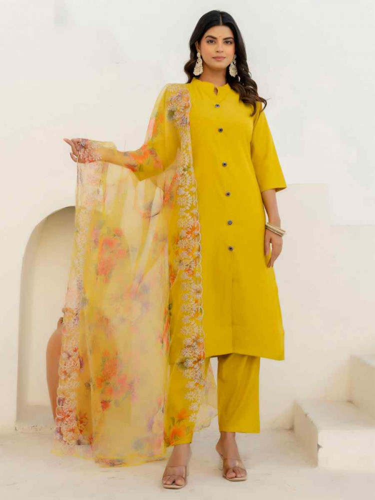 Image of Yellow Shimmer Silk Embroidery Party Wedding Festival Casual Ready Pant Salwar Kameez
