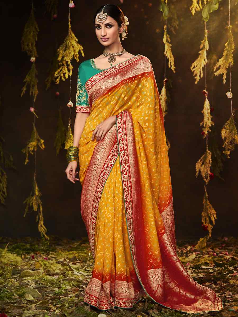 Yellow Silk Bandhej Embroidered Wedding Festival Heavy Border Saree