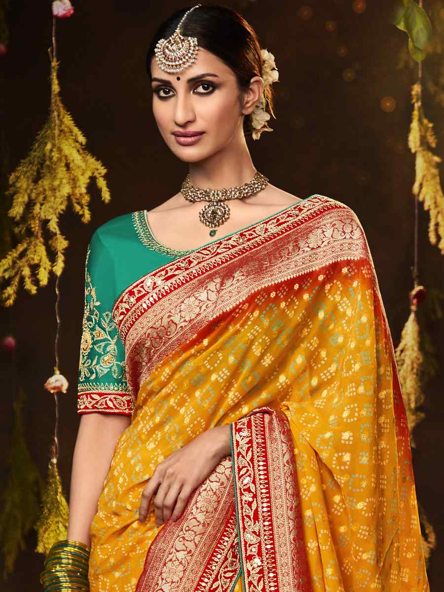 Yellow Silk Bandhej Embroidered Wedding Festival Heavy Border Saree