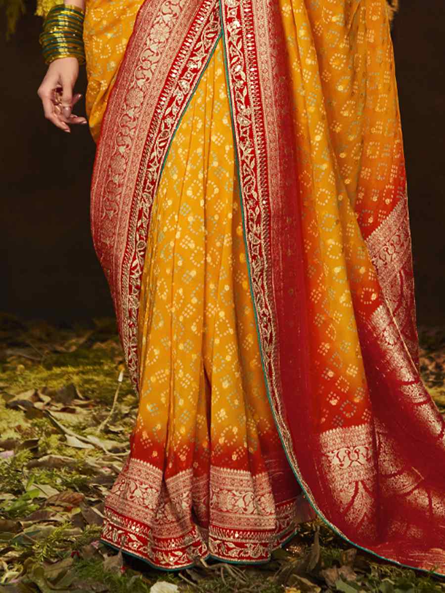 Yellow Silk Bandhej Embroidered Wedding Festival Heavy Border Saree
