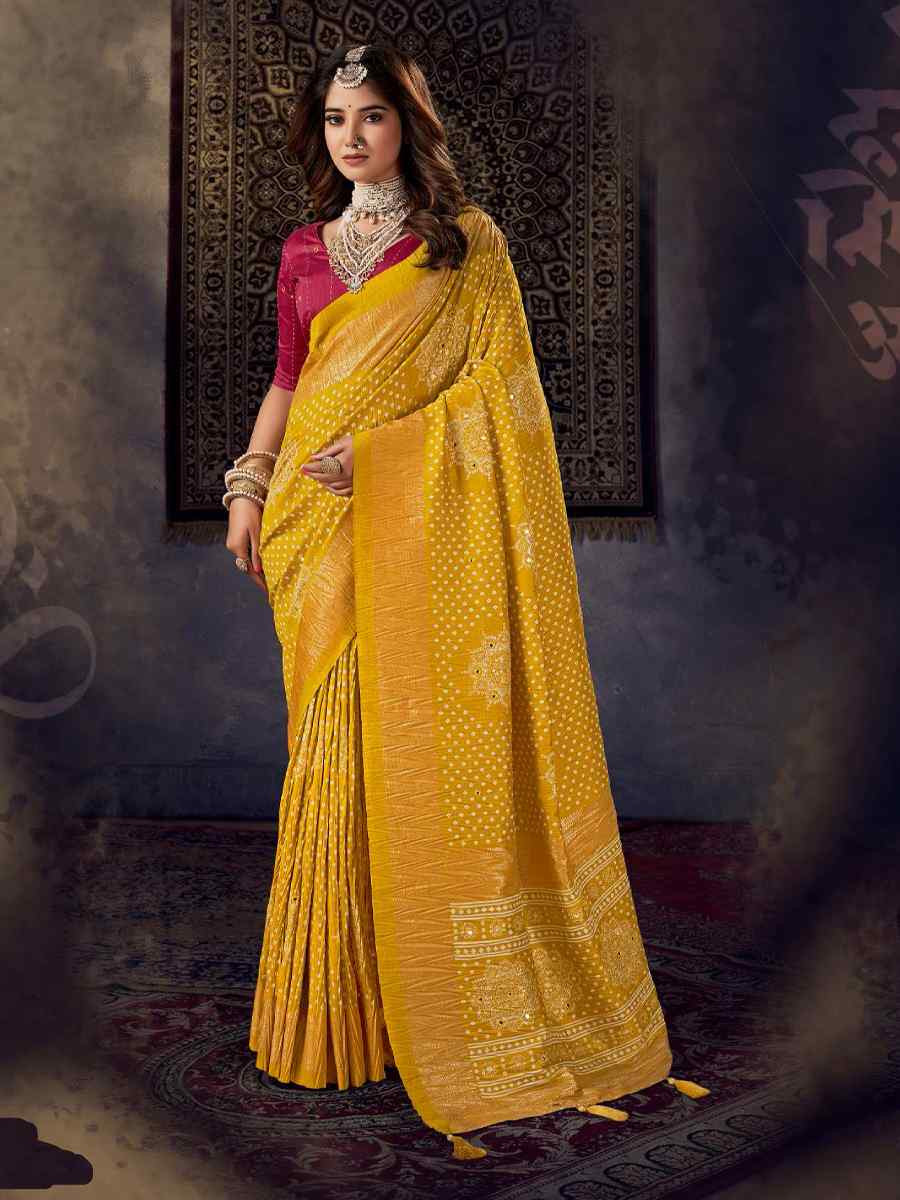 Yellow Silk Bhandej Zari Handwoven Casual Reception Festival Wedding Fancy Classic Style Sarees