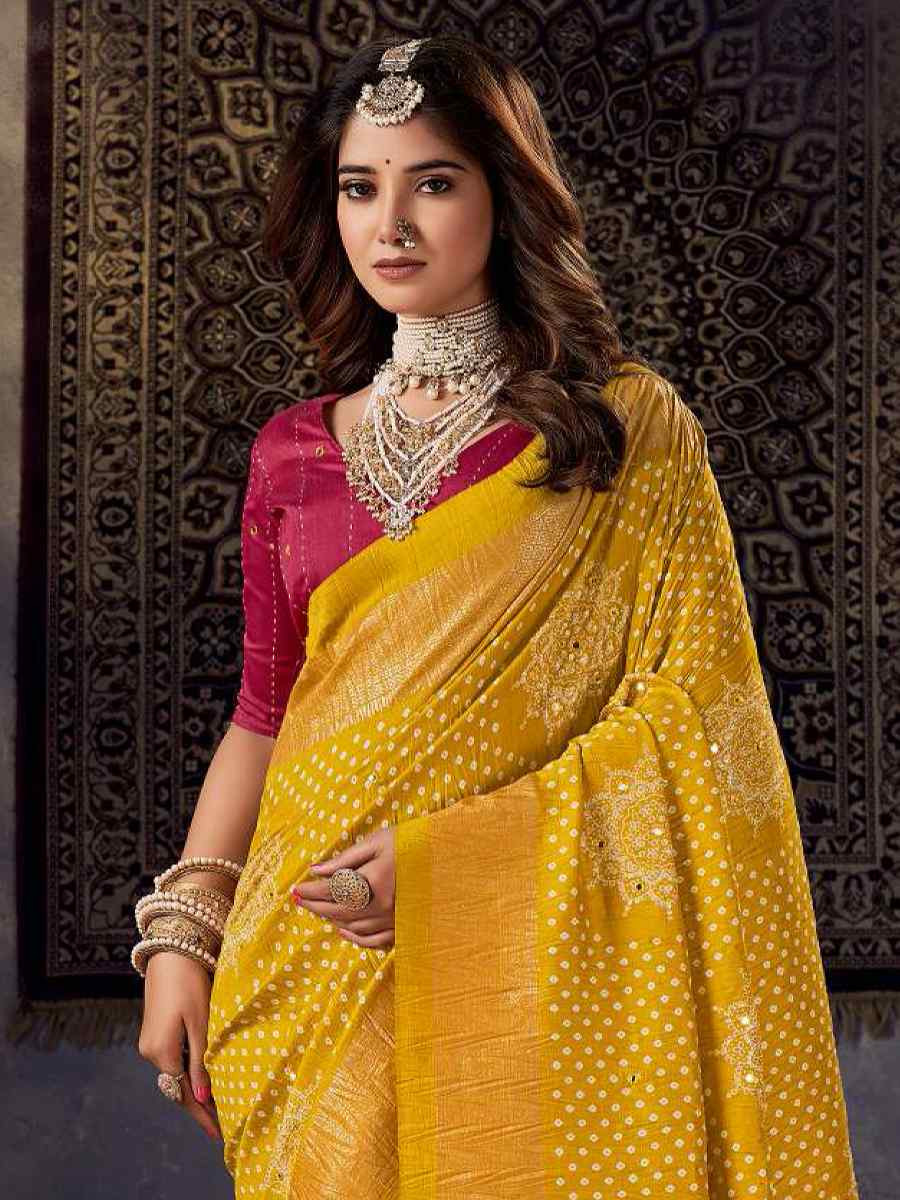 Yellow Silk Bhandej Zari Handwoven Casual Reception Festival Wedding Fancy Classic Style Sarees