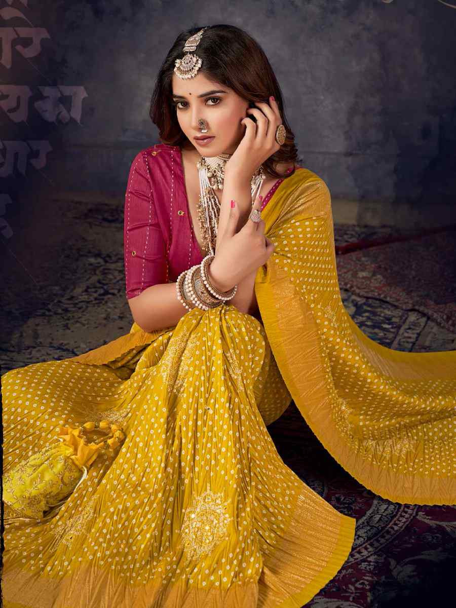 Yellow Silk Bhandej Zari Handwoven Casual Reception Festival Wedding Fancy Classic Style Sarees