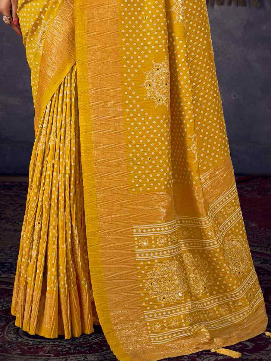 Yellow Silk Bhandej Zari Handwoven Casual Reception Festival Wedding Fancy Classic Style Sarees