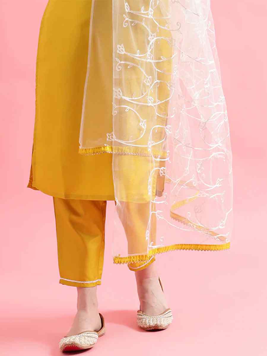 Yellow Silk Blend Embroidered Festival Casual Ready Pant Salwar Kameez