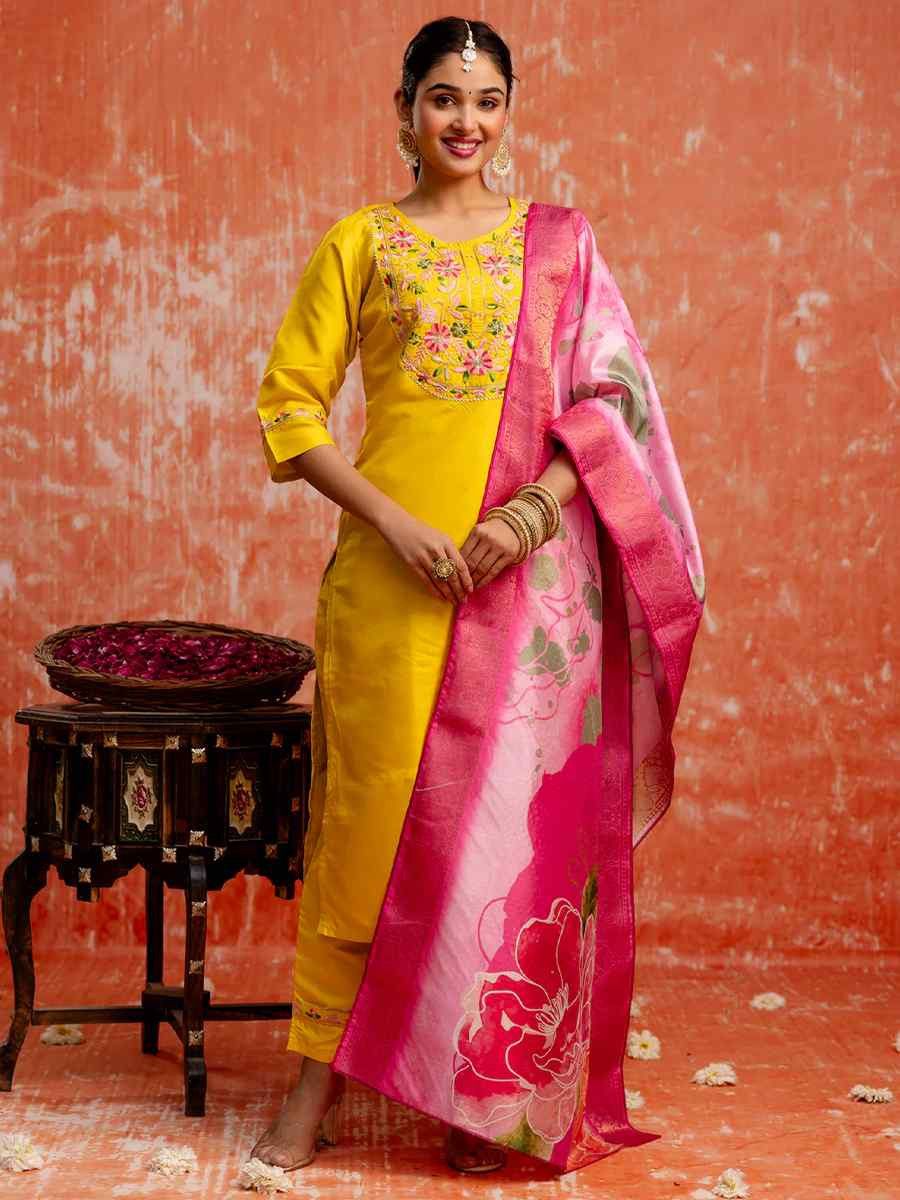Yellow Silk Blend Embroidered Festival Casual Ready Pant Salwar Kameez