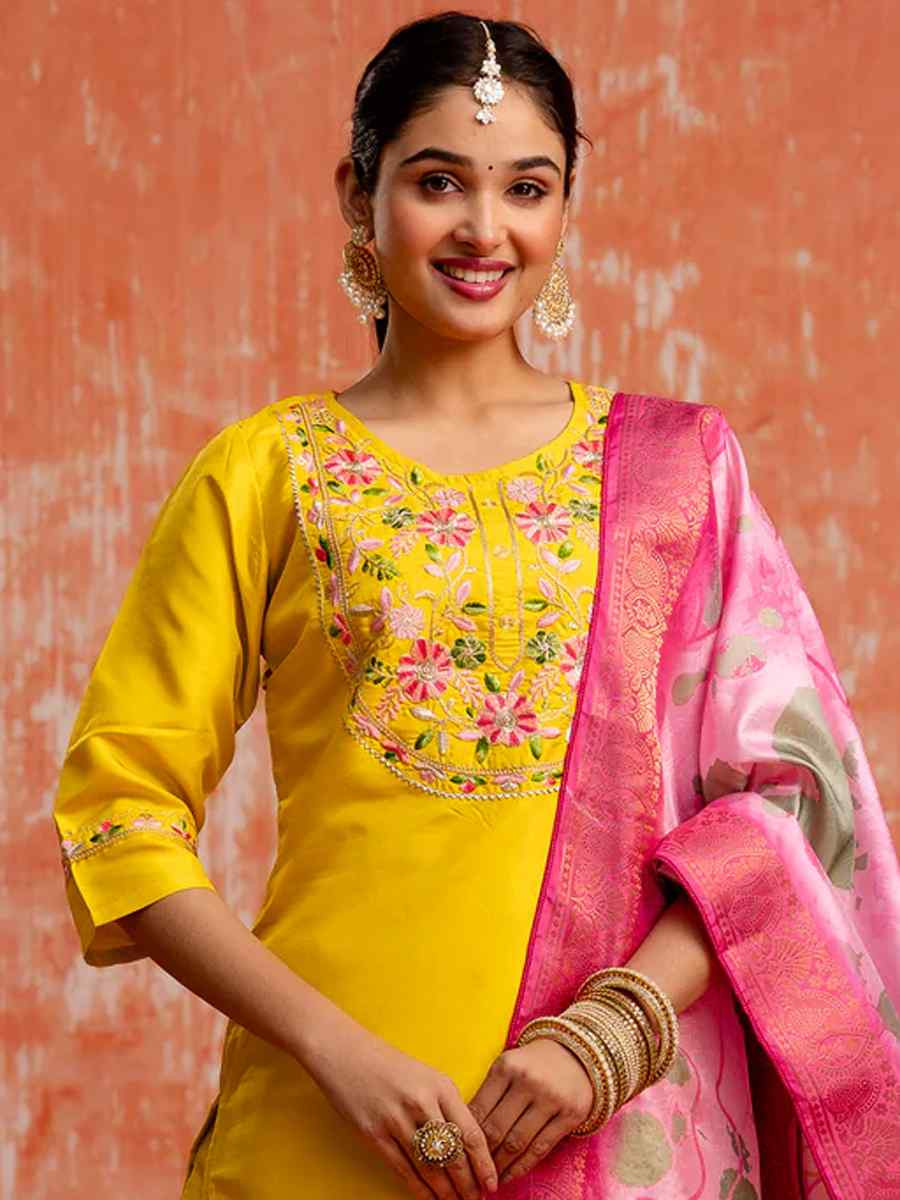 Yellow Silk Blend Embroidered Festival Casual Ready Pant Salwar Kameez