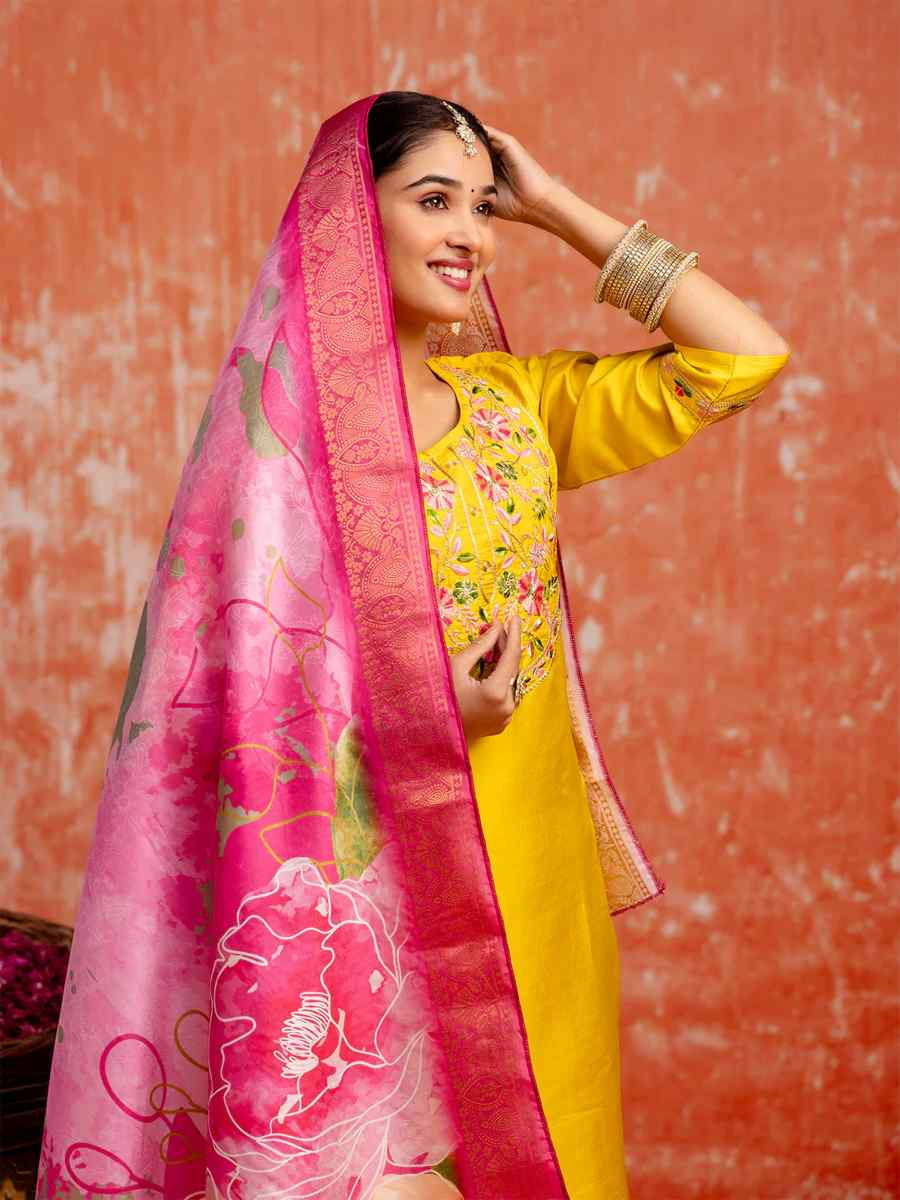 Yellow Silk Blend Embroidered Festival Casual Ready Pant Salwar Kameez