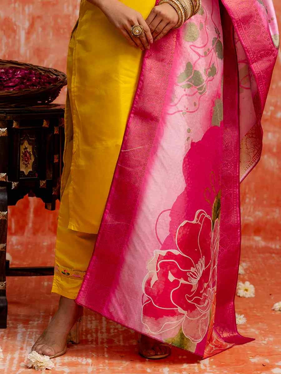 Yellow Silk Blend Embroidered Festival Casual Ready Pant Salwar Kameez