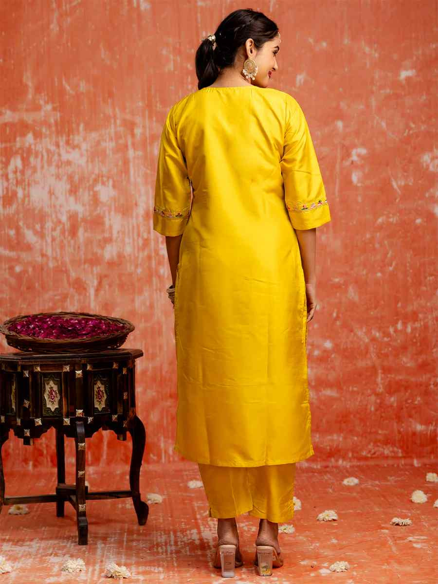 Yellow Silk Blend Embroidered Festival Casual Ready Pant Salwar Kameez