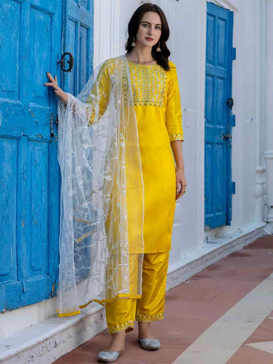 Yellow Silk Blend Embroidered Festival Casual Ready Pant Salwar Kameez
