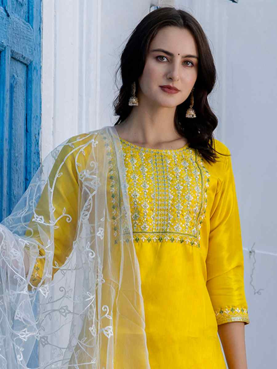 Yellow Silk Blend Embroidered Festival Casual Ready Pant Salwar Kameez