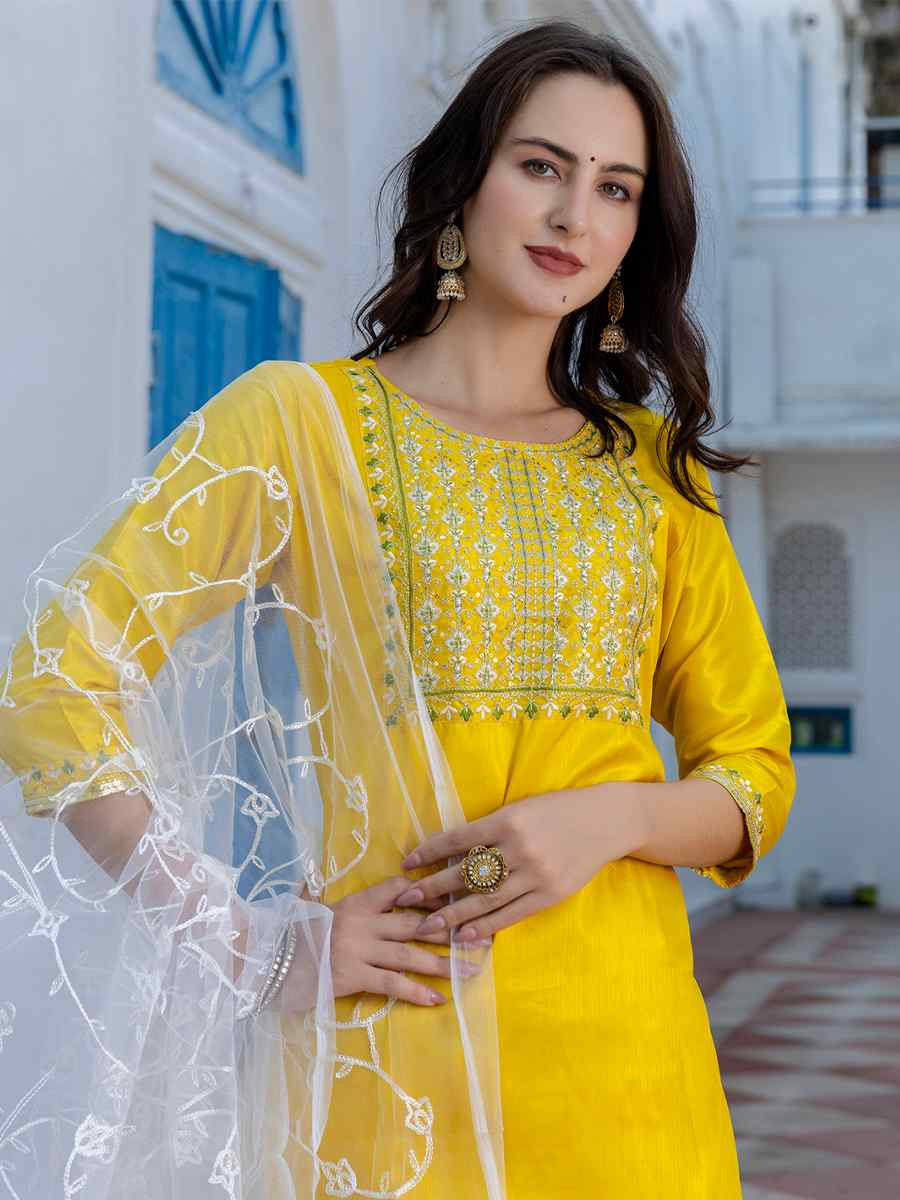 Yellow Silk Blend Embroidered Festival Casual Ready Pant Salwar Kameez