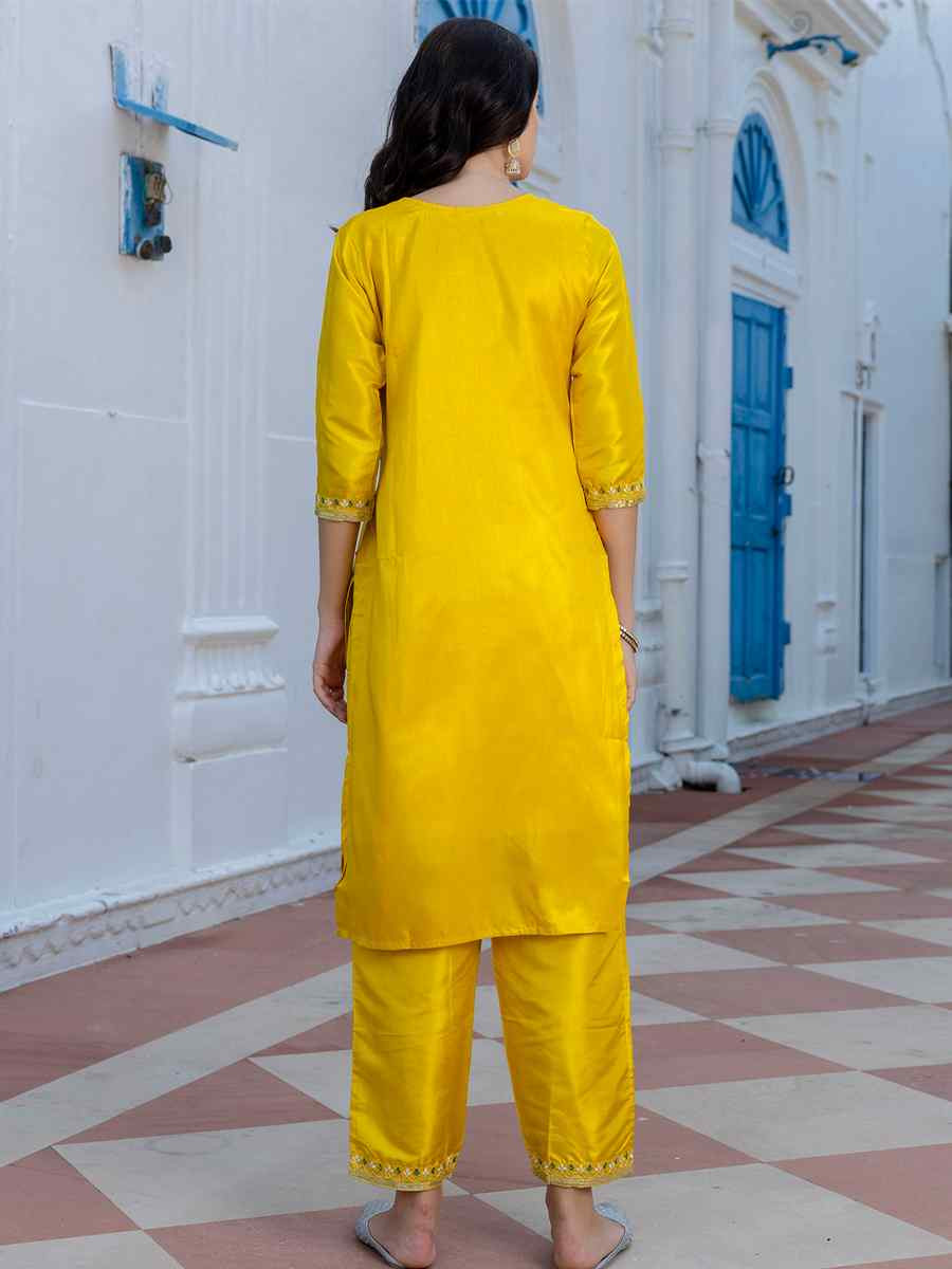 Yellow Silk Blend Embroidered Festival Casual Ready Pant Salwar Kameez