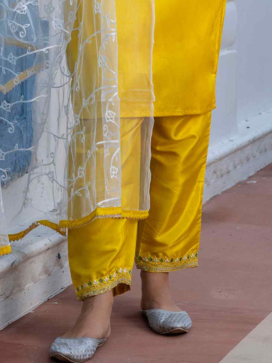 Yellow Silk Blend Embroidered Festival Casual Ready Pant Salwar Kameez