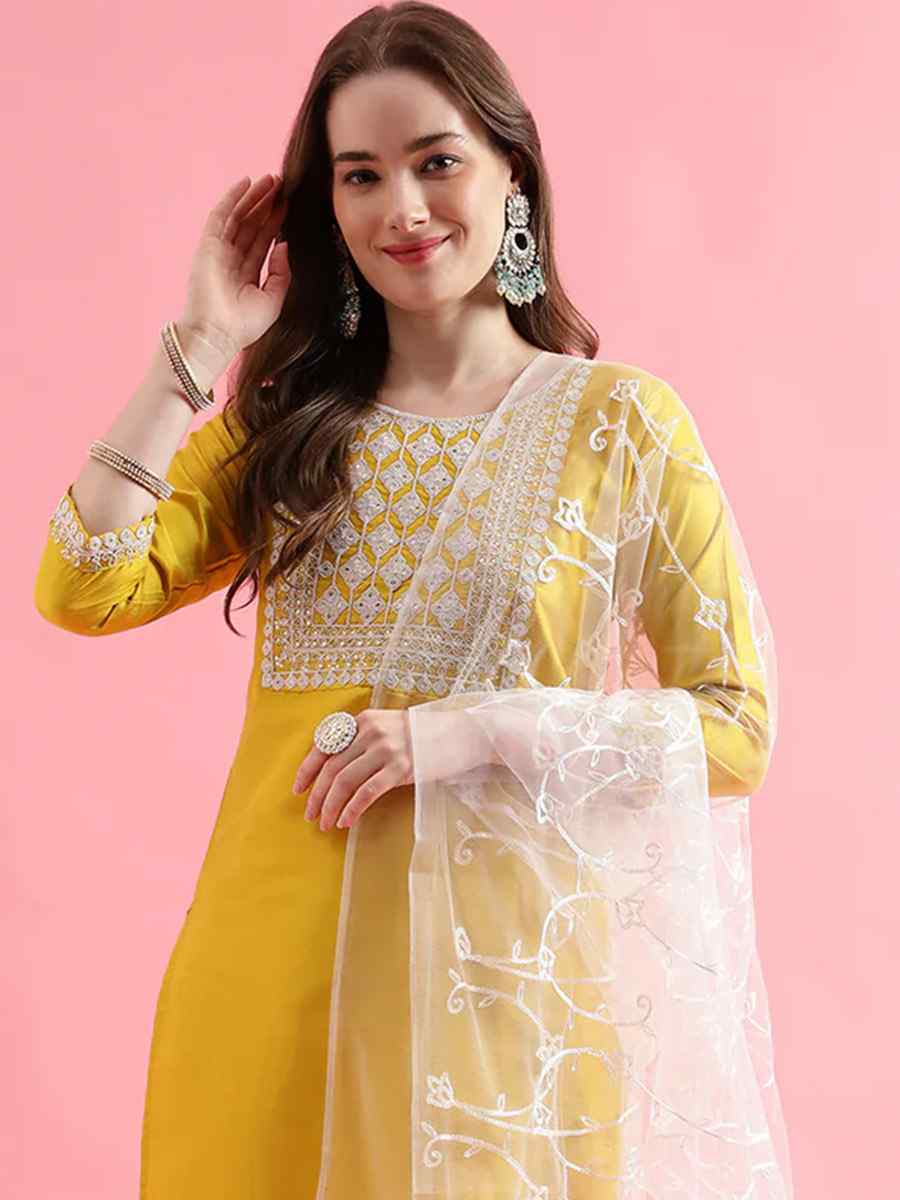 Yellow Silk Blend Embroidered Festival Casual Ready Pant Salwar Kameez