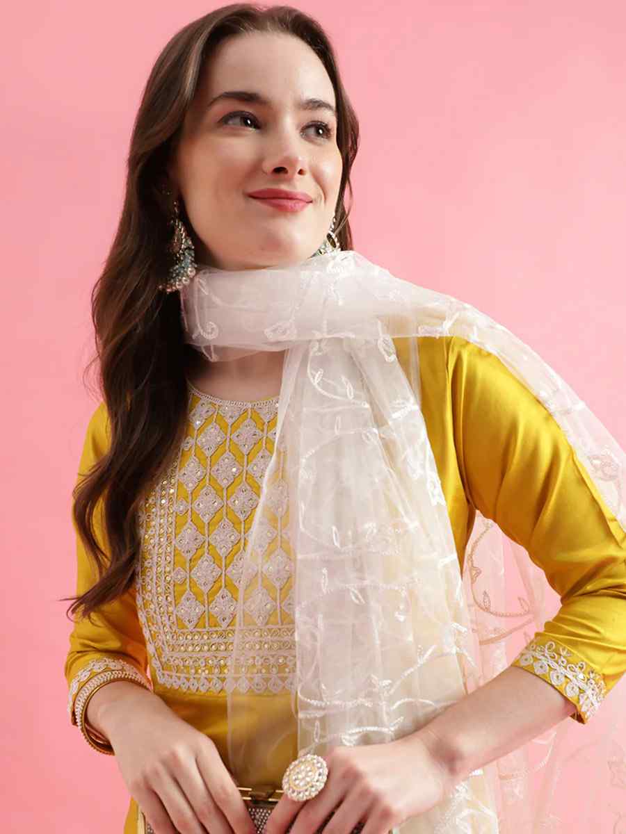 Yellow Silk Blend Embroidered Festival Casual Ready Pant Salwar Kameez