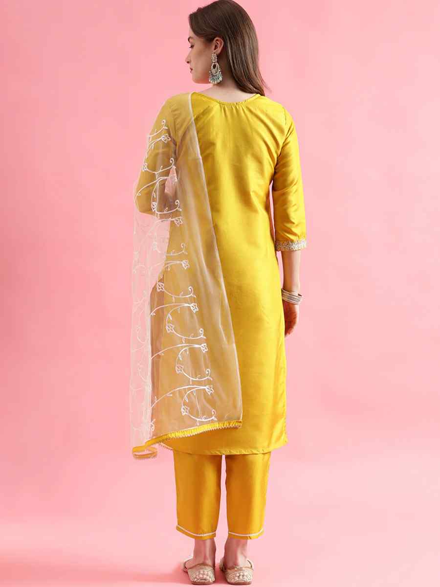 Yellow Silk Blend Embroidered Festival Casual Ready Pant Salwar Kameez