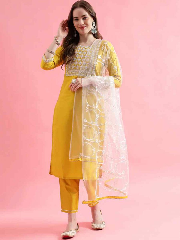 Yellow Silk Blend Embroidered Festival Casual Ready Pant Salwar Kameez