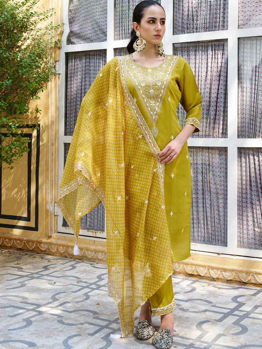 Yellow Silk Blend Embroidered Mehendi Wedding Ready Pant Salwar Kameez