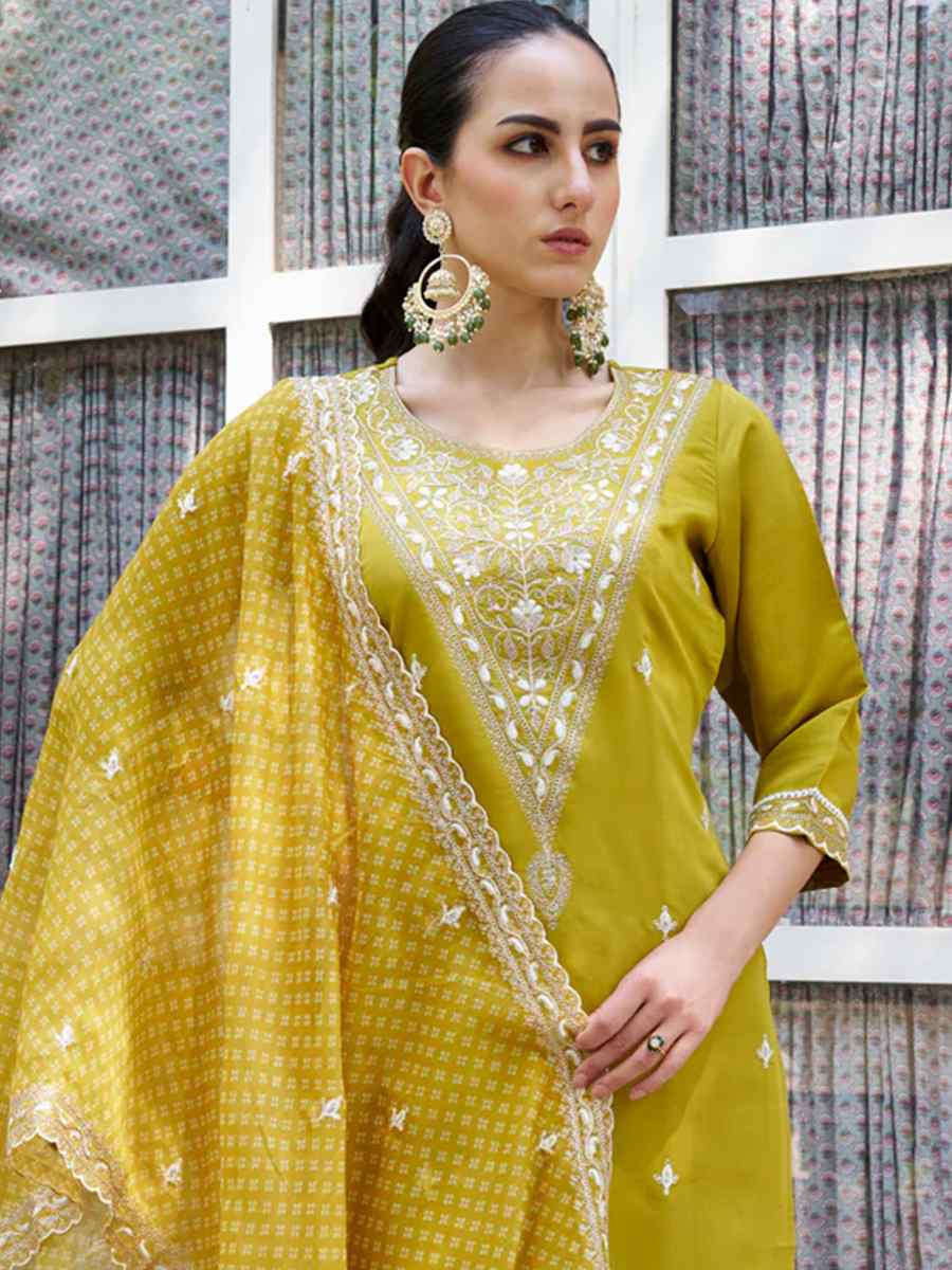 Yellow Silk Blend Embroidered Mehendi Wedding Ready Pant Salwar Kameez