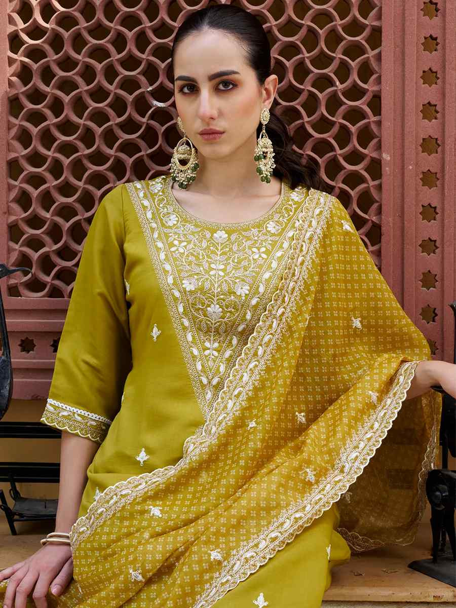 Yellow Silk Blend Embroidered Mehendi Wedding Ready Pant Salwar Kameez