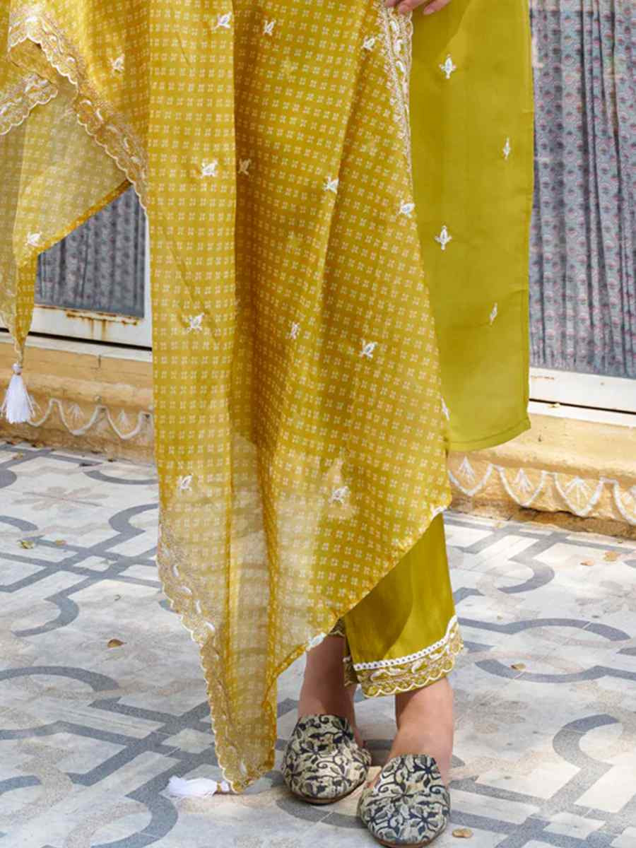 Yellow Silk Blend Embroidered Mehendi Wedding Ready Pant Salwar Kameez