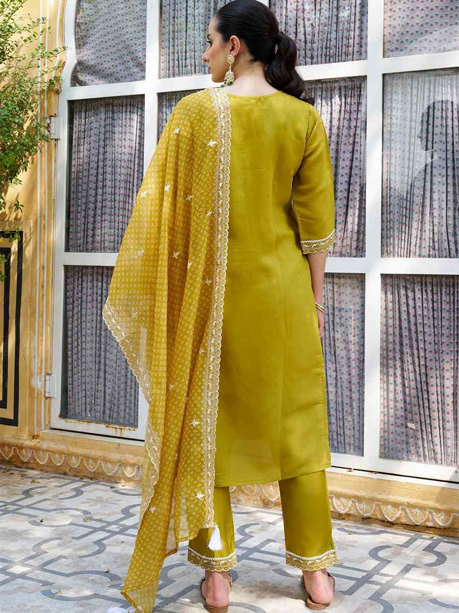 Yellow Silk Blend Embroidered Mehendi Wedding Ready Pant Salwar Kameez