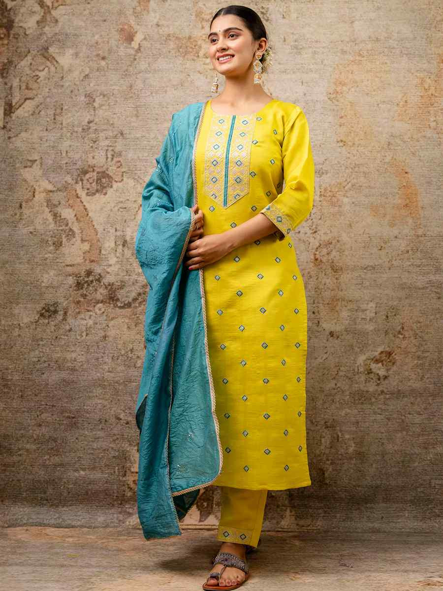 Yellow Silk Blend Embroidered Mehendi Wedding Ready Pant Salwar Kameez