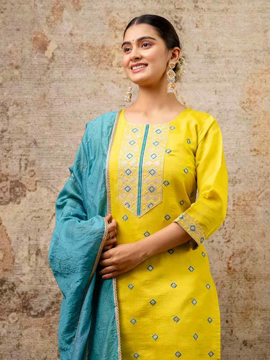 Yellow Silk Blend Embroidered Mehendi Wedding Ready Pant Salwar Kameez