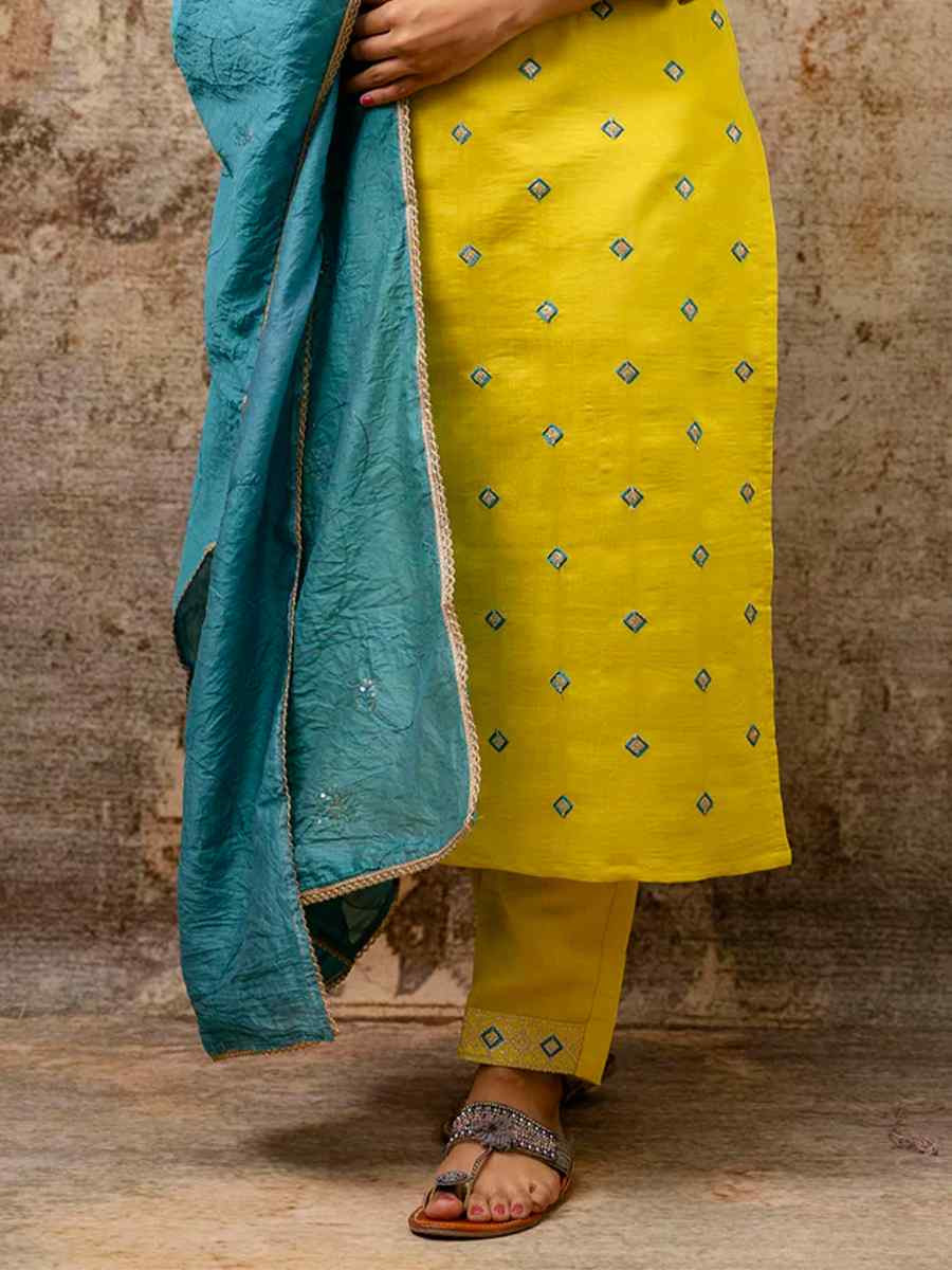 Yellow Silk Blend Embroidered Mehendi Wedding Ready Pant Salwar Kameez