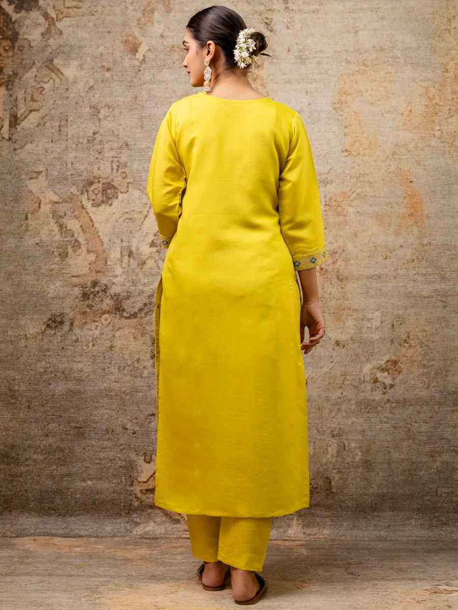 Yellow Silk Blend Embroidered Mehendi Wedding Ready Pant Salwar Kameez