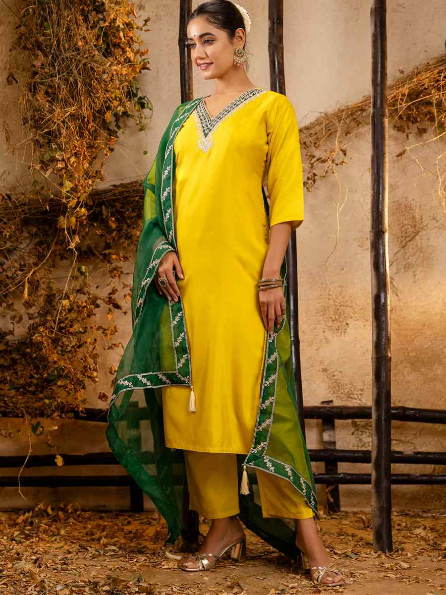 Yellow Silk Blend Embroidered Party Casual Ready Pant Salwar Kameez
