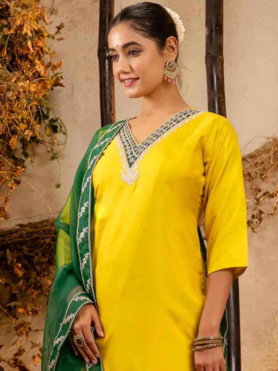 Yellow Silk Blend Embroidered Party Casual Ready Pant Salwar Kameez