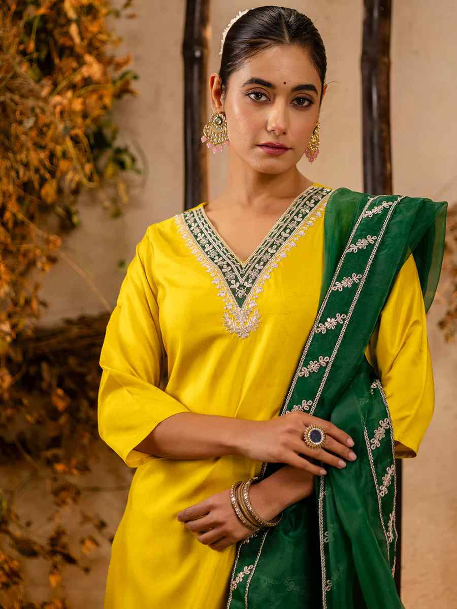 Yellow Silk Blend Embroidered Party Casual Ready Pant Salwar Kameez