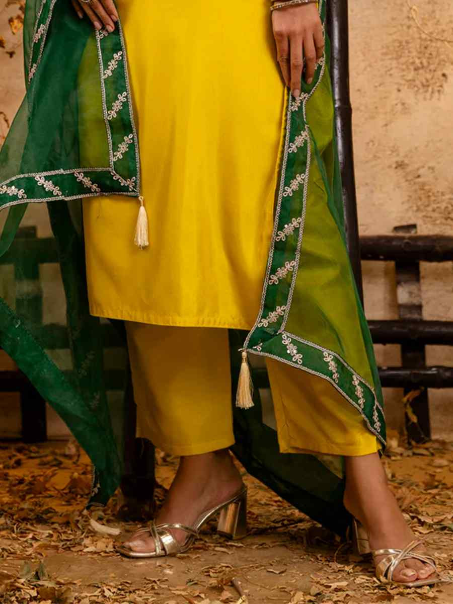 Yellow Silk Blend Embroidered Party Casual Ready Pant Salwar Kameez