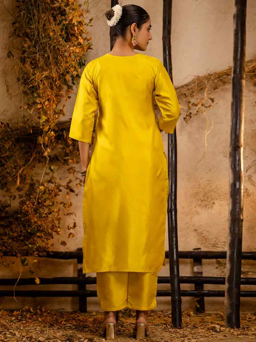 Yellow Silk Blend Embroidered Party Casual Ready Pant Salwar Kameez
