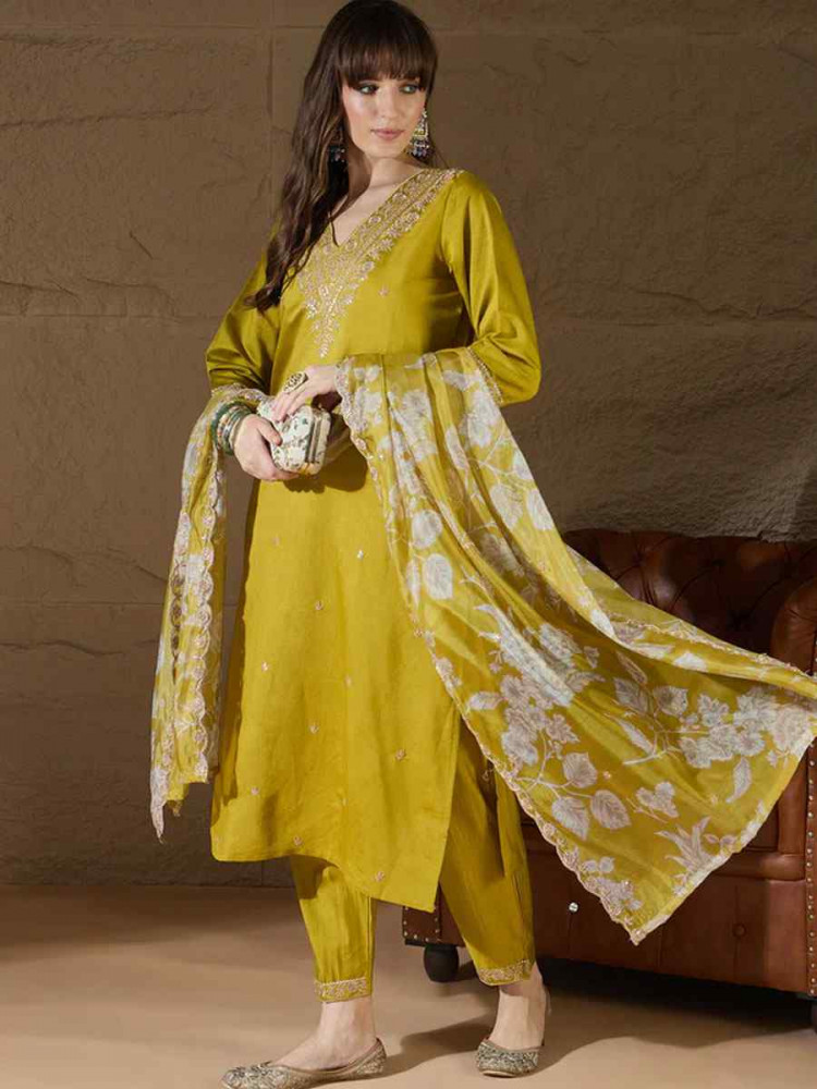 Image of Yellow Silk Blend Embroidery Party Wedding Festival Casual Ready Pant Salwar Kameez