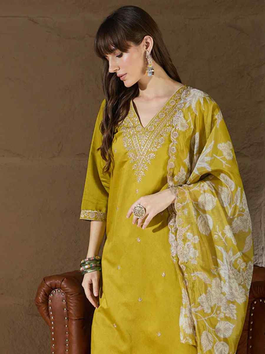Yellow Silk Blend Embroidery Party Wedding Festival Casual Ready Pant Salwar Kameez