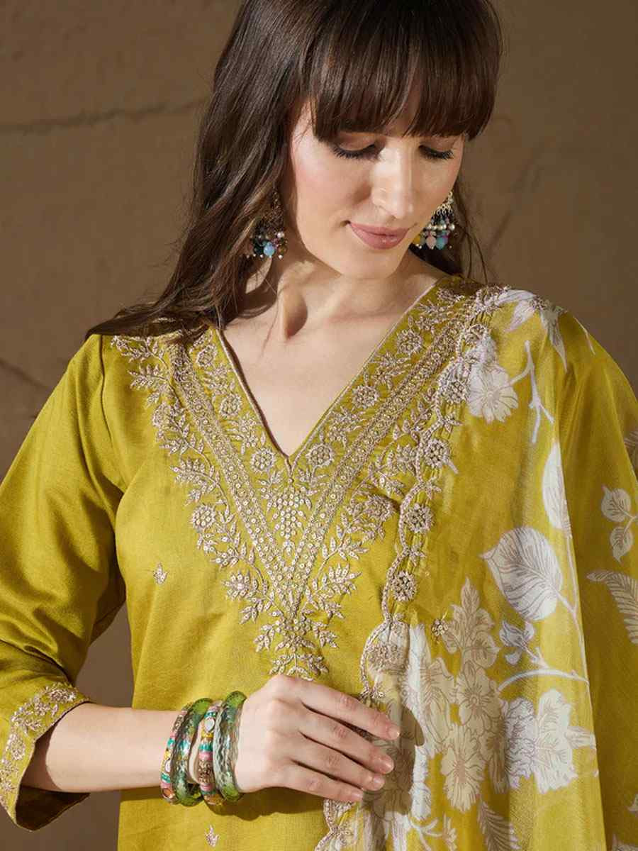 Yellow Silk Blend Embroidery Party Wedding Festival Casual Ready Pant Salwar Kameez