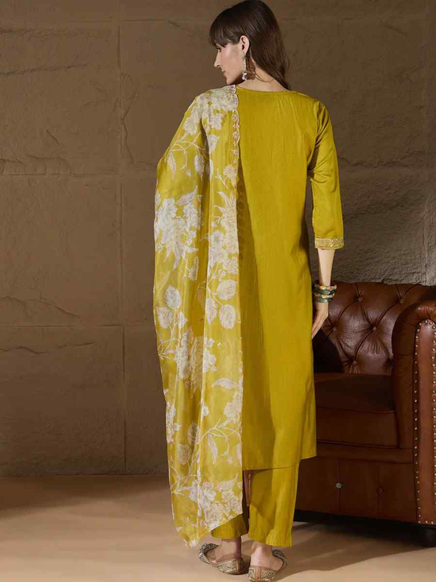 Yellow Silk Blend Embroidery Party Wedding Festival Casual Ready Pant Salwar Kameez