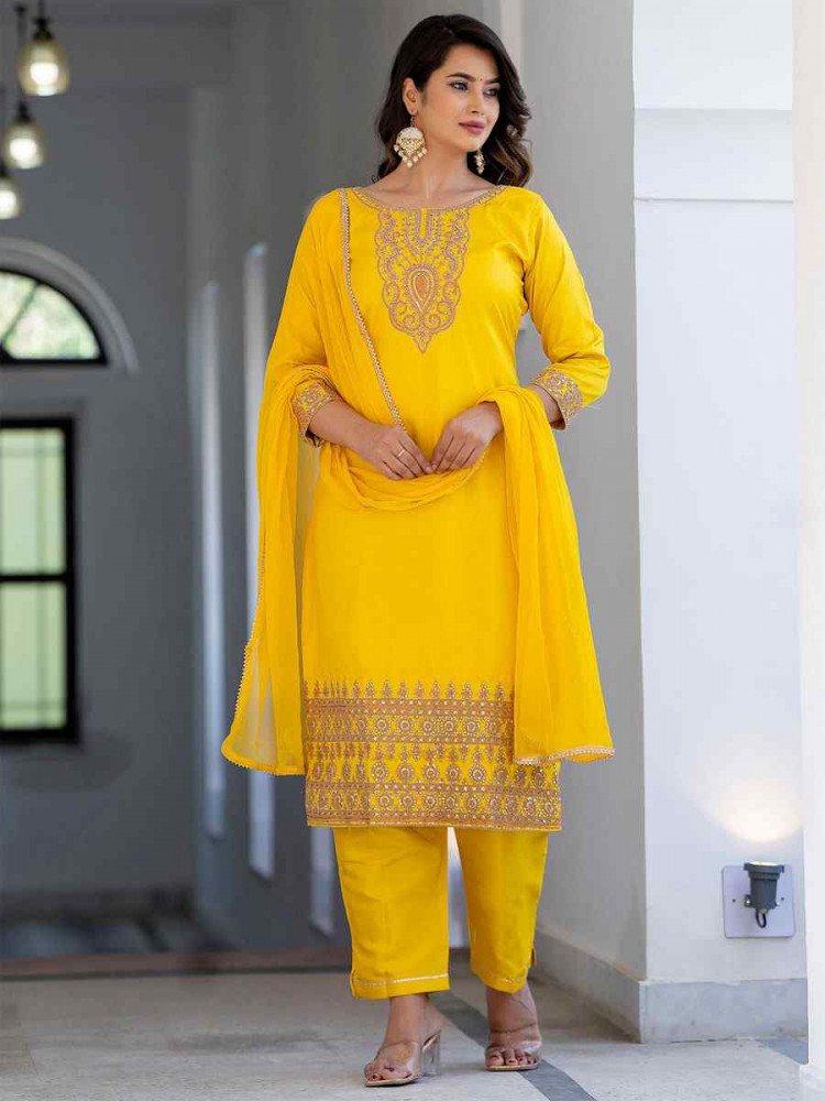 Image of Yellow Silk Blend Embroidery Party Wedding Festival Casual Ready Pant Salwar Kameez