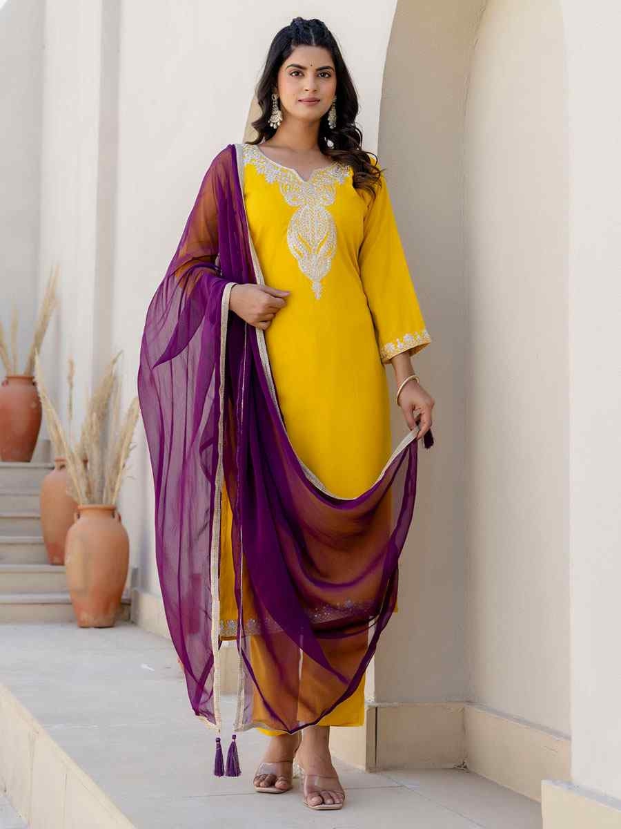 Yellow Silk Blend Embroidery Party Wedding Festival Casual Ready Pant Salwar Kameez