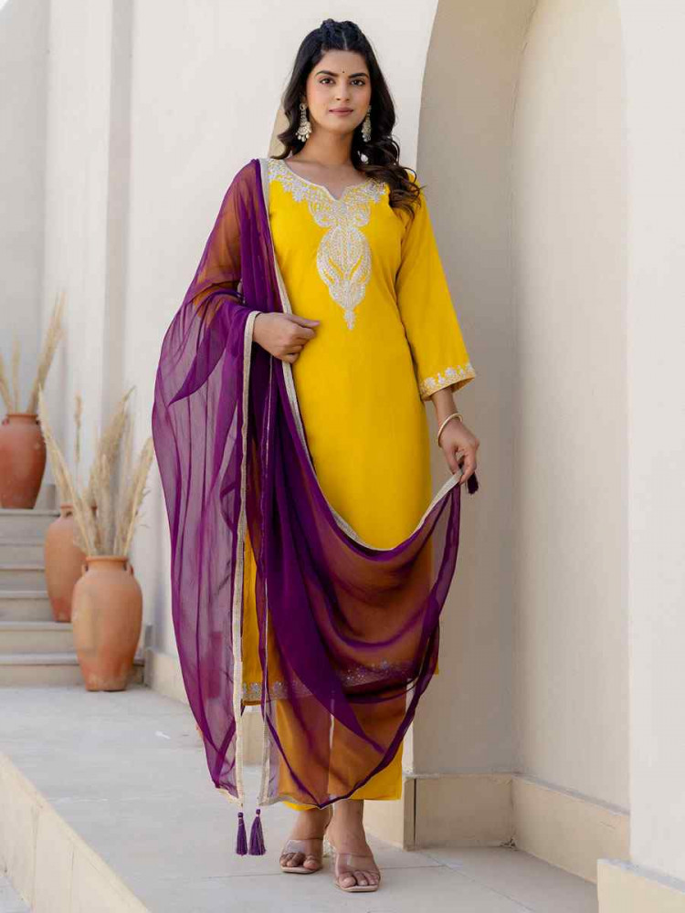 Image of Yellow Silk Blend Embroidery Party Wedding Festival Casual Ready Pant Salwar Kameez