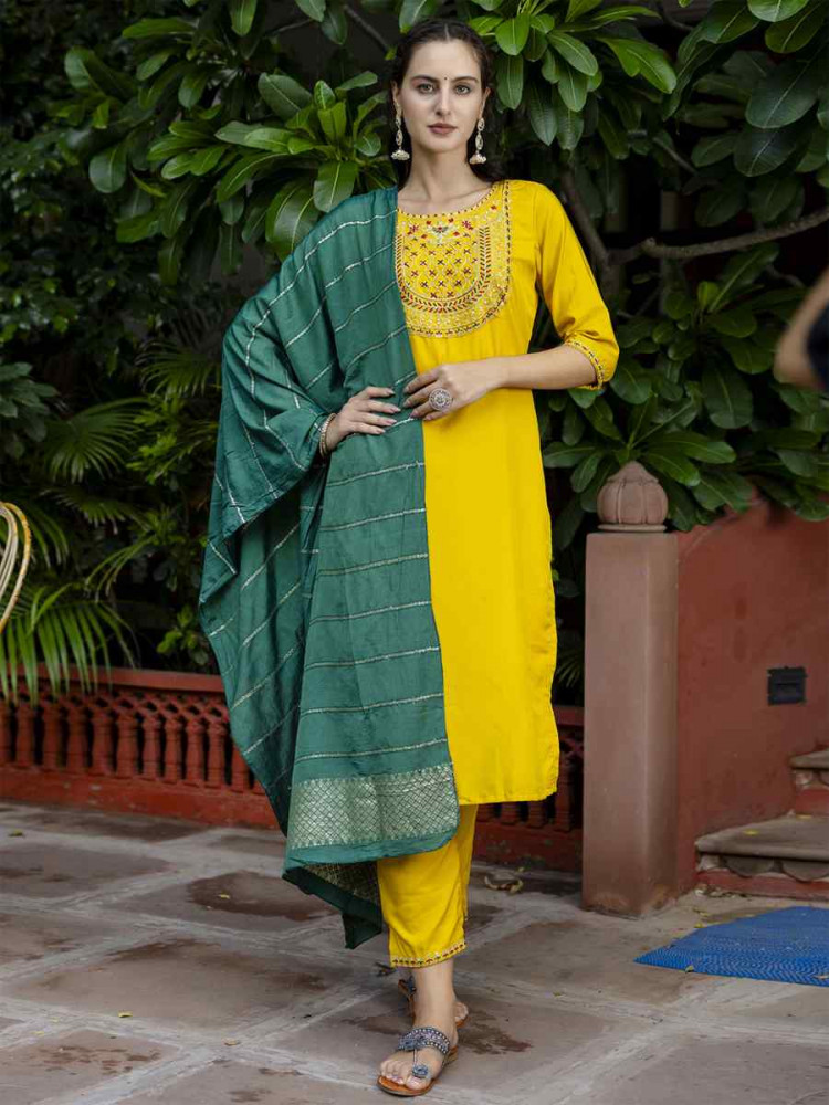 Image of Yellow Silk Blend Embroidery Party Wedding Festival Casual Ready Pant Salwar Kameez