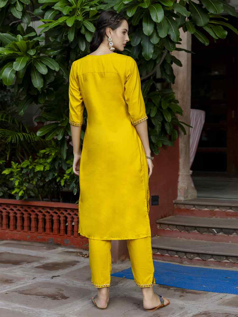 Yellow Silk Blend Embroidery Party Wedding Festival Casual Ready Pant Salwar Kameez