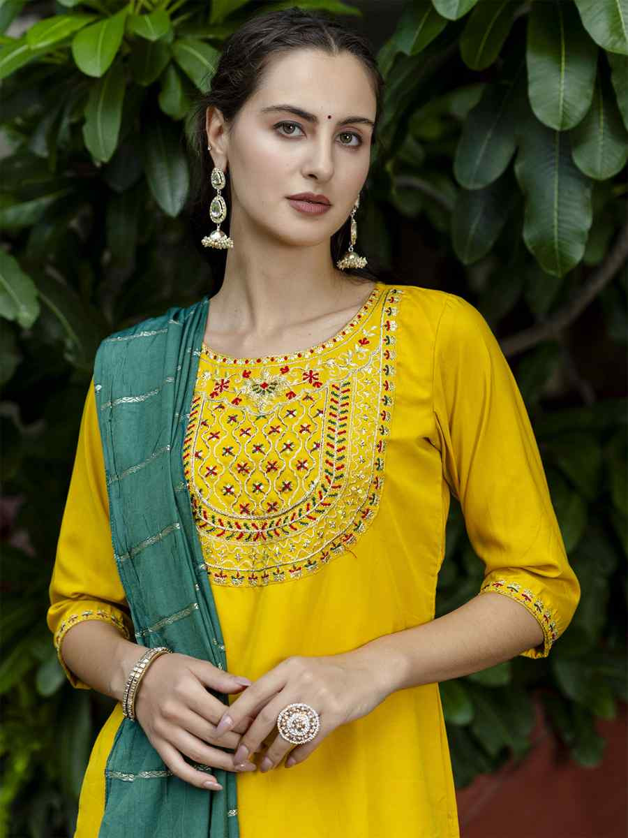 Yellow Silk Blend Embroidery Party Wedding Festival Casual Ready Pant Salwar Kameez